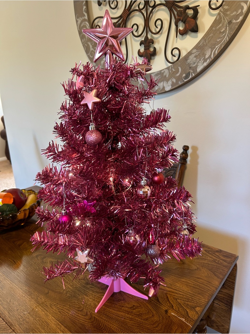Pink Tinsel Mini Holiday Tree with Star Topper - Picture 2 of 4